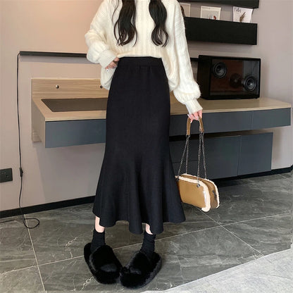 TAMBREET Elegant Office Long Skirt Women Autumn Winter High Waist Wrap Hip Skirts Y2k Streetwear Korean Fashion Knitted Solid Long Skirt