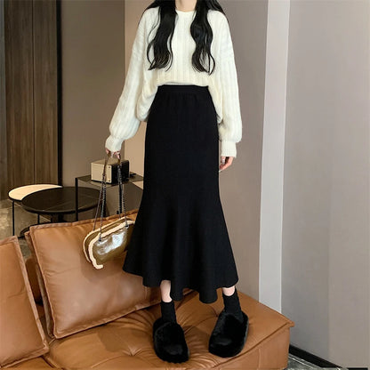 TAMBREET Elegant Office Long Skirt Women Autumn Winter High Waist Wrap Hip Skirts Y2k Streetwear Korean Fashion Knitted Solid Long Skirt