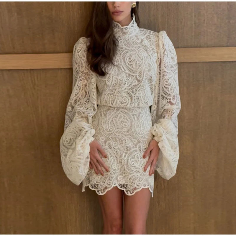 TAMBREET Elegant Retro Lace Hollow Out Women's Tops Skirts Sets Fashion Round Neck Puff Sleeve Tops Women New Slim Fit Short Skirt Set