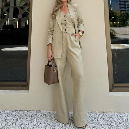 TAMBREET Elegant Simple Solid Outfits Sexy V-neck Button Vest Top & Blazer Coat & Long Pant Set Women Casual Long Sleeve Pocket 3Pc Suit