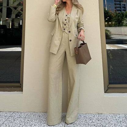 TAMBREET Elegant Simple Solid Outfits Sexy V-neck Button Vest Top & Blazer Coat & Long Pant Set Women Casual Long Sleeve Pocket 3Pc Suit