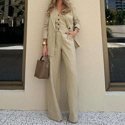 TAMBREET Elegant Simple Solid Outfits Sexy V-neck Button Vest Top & Blazer Coat & Long Pant Set Women Casual Long Sleeve Pocket 3Pc Suit