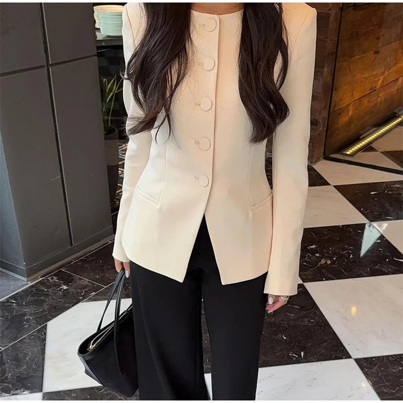 TAMBREET Elegant Skirts Suits Women Loose Round Neck Single Breasted Long Sleeves Coats Set Female 2024 Fashion High Waist Sets 2 Pieces