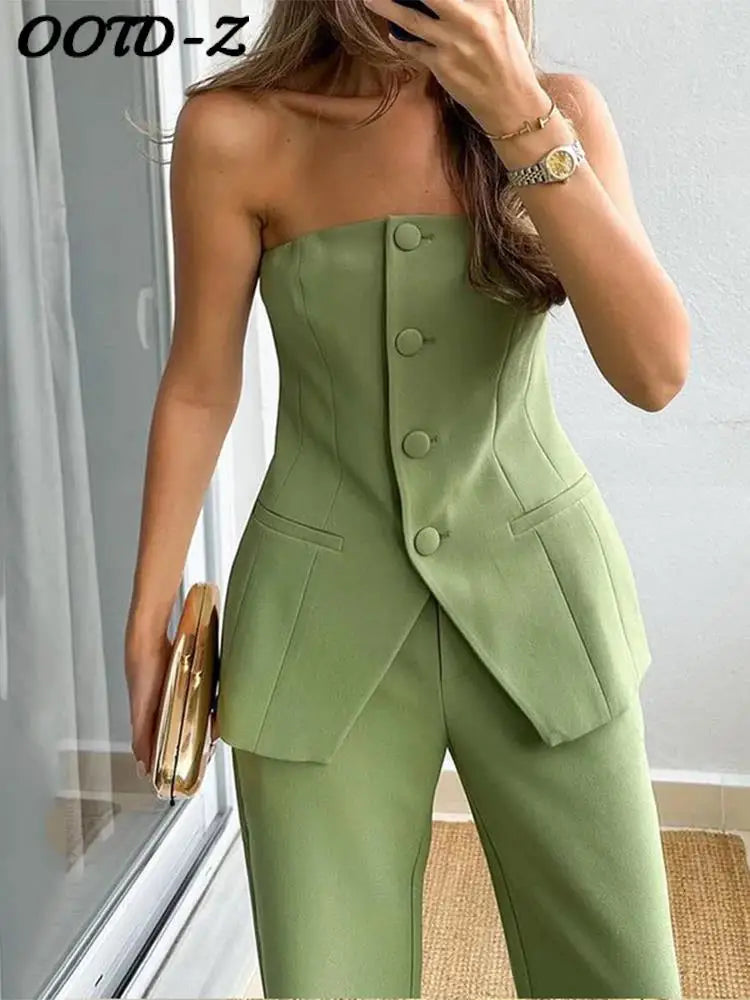 TAMBREET Elegant Sleeveless Top Pants Sets Women Green Single Breasted Tops High Waist Wide Leg Pant Lady Suit 2024 Spring Two Piece Set