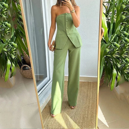 TAMBREET Elegant Sleeveless Top Pants Sets Women Green Single Breasted Tops High Waist Wide Leg Pant Lady Suit 2024 Spring Two Piece Set