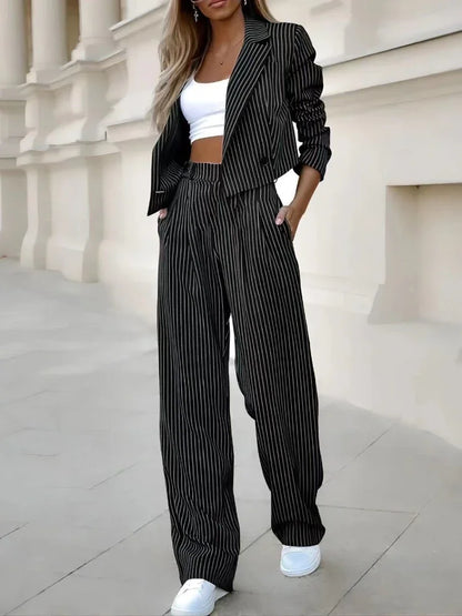 TAMBREET Elegant Suit Sets for Women Long Sleeve Short Blazer Wide Leg Pants Set Office Ladies Striped Chic 2 Piece Sets Womens Outfits