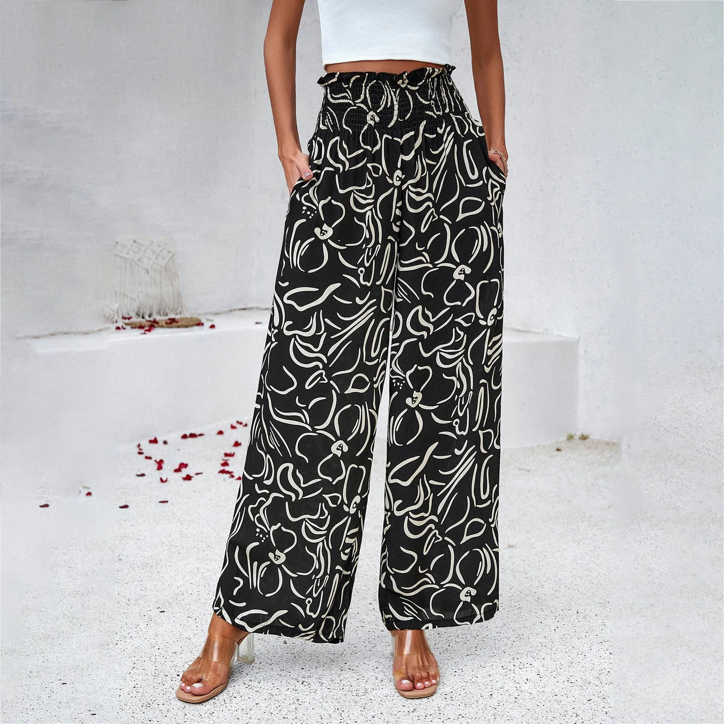 TAMBREET Elegant Temperament Ladies Printing Loose Wide Leg Straight Trousers Spring and Summer Hot Sale Casual Fashion Trousers New 2024