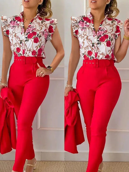 TAMBREET Elegant Women Two Piece Set Suits New Fashion Printed Ruffle Sleeve Top Solid Color Pants Set With Belt  Blouses Female Clothing