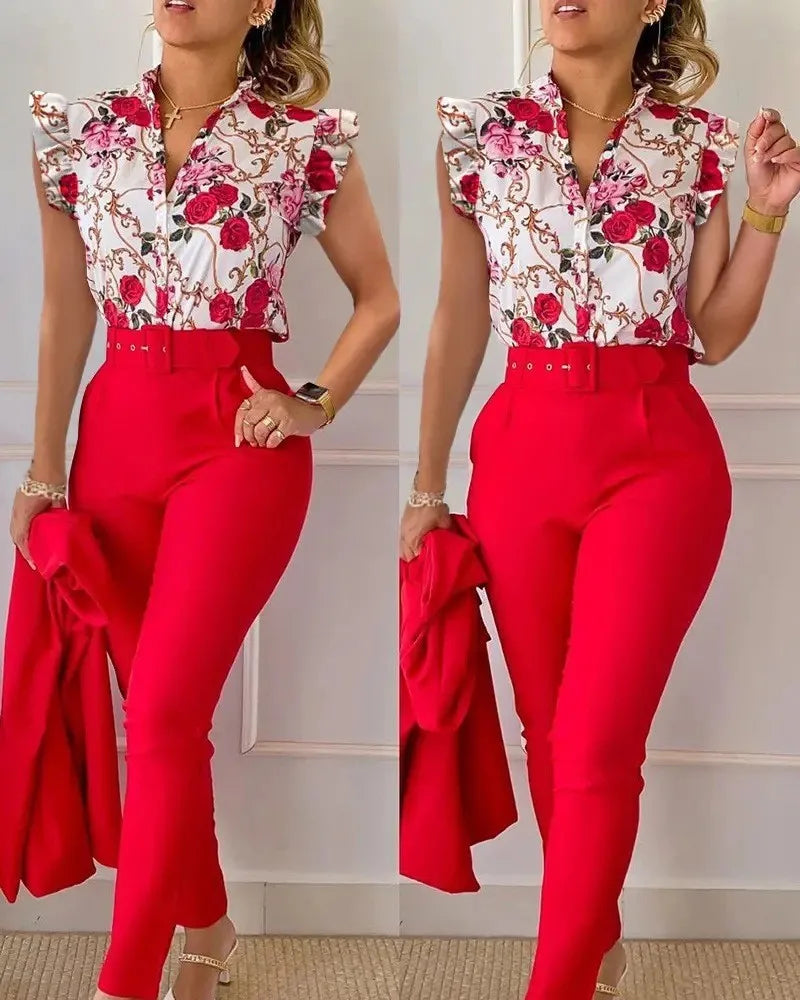 TAMBREET Elegant Women Two Piece Set Suits New Fashion Printed Ruffle Sleeve Top Solid Color Pants Set With Belt  Blouses Female Clothing