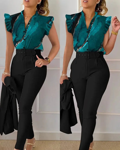 TAMBREET Elegant Women Two Piece Set Suits New Fashion Printed Ruffle Sleeve Top Solid Color Pants Set With Belt  Blouses Female Clothing