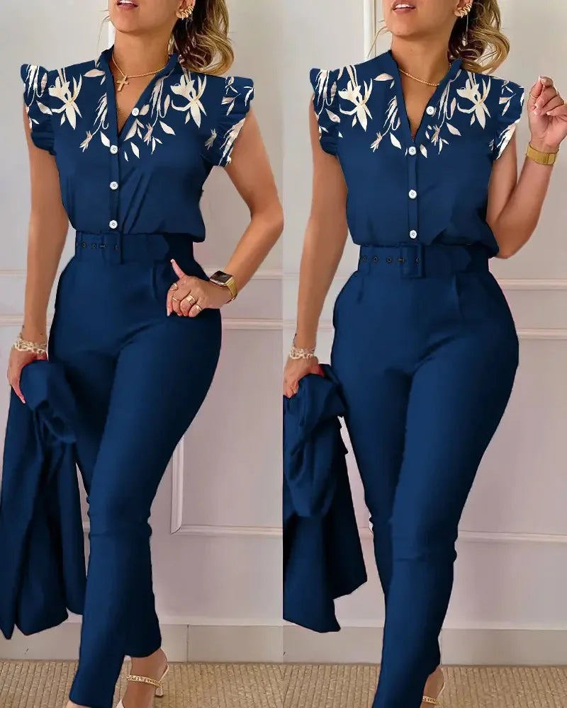 TAMBREET Elegant Women Two Piece Set Suits New Fashion Printed Ruffle Sleeve Top Solid Color Pants Set With Belt  Blouses Female Clothing