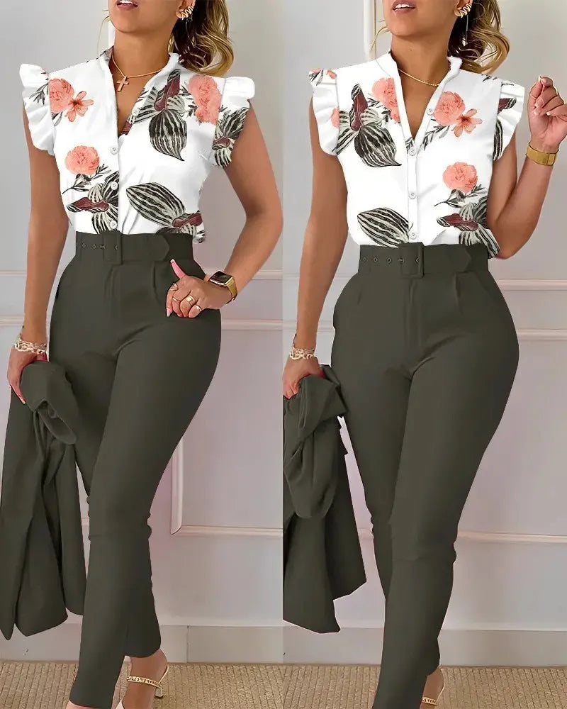 TAMBREET Elegant Women Two Piece Set Suits New Fashion Printed Ruffle Sleeve Top Solid Color Pants Set With Belt  Blouses Female Clothing