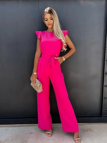 TAMBREET Elegant Women's Jumpsuits 2024 Summer Solid Casual Fashion Ruffle Lace Jumpsuits Female One Piece Garment S-XXL