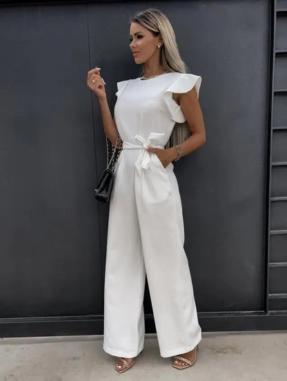 TAMBREET Elegant Women's Jumpsuits 2024 Summer Solid Casual Fashion Ruffle Lace Jumpsuits Female One Piece Garment S-XXL