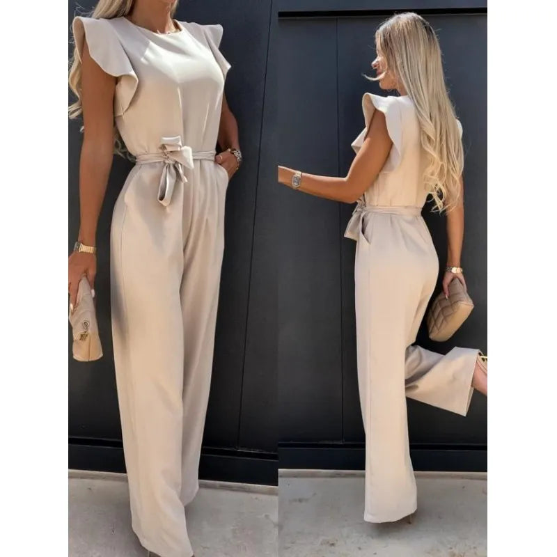 TAMBREET Elegant Women's Jumpsuits 2024 Summer Solid Casual Fashion Ruffle Lace Jumpsuits Female One Piece Garment S-XXL