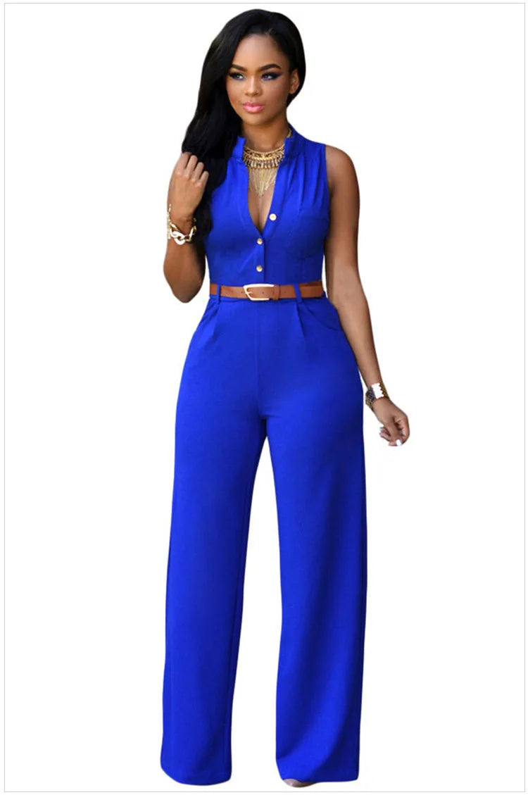 TAMBREET Elegant Women's Jumpsuits Belt Summer High Waist Wide Leg Button V-neck Sleeveless Casual Sexy Solid Blue Office Lady Rompers