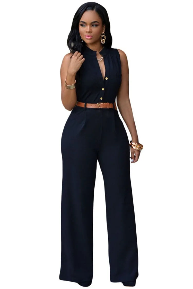 TAMBREET Elegant Women's Jumpsuits Belt Summer High Waist Wide Leg Button V-neck Sleeveless Casual Sexy Solid Blue Office Lady Rompers