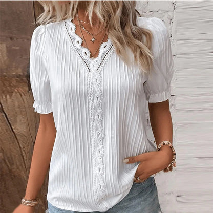 TAMBREET Elegant Women's Summer Long Sleeved V-neck Lace Patchwork Shirt 2024 Women's Fashionable White Loose Fitting Office Casual Shirt