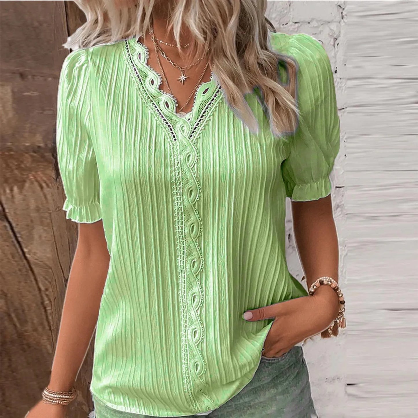 TAMBREET Elegant Women's Summer Long Sleeved V-neck Lace Patchwork Shirt 2024 Women's Fashionable White Loose Fitting Office Casual Shirt