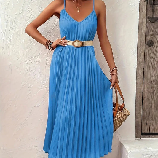 TAMBREET Elegant and fashionable solid color pleated V-neck off shoulder strap dress for European and American women