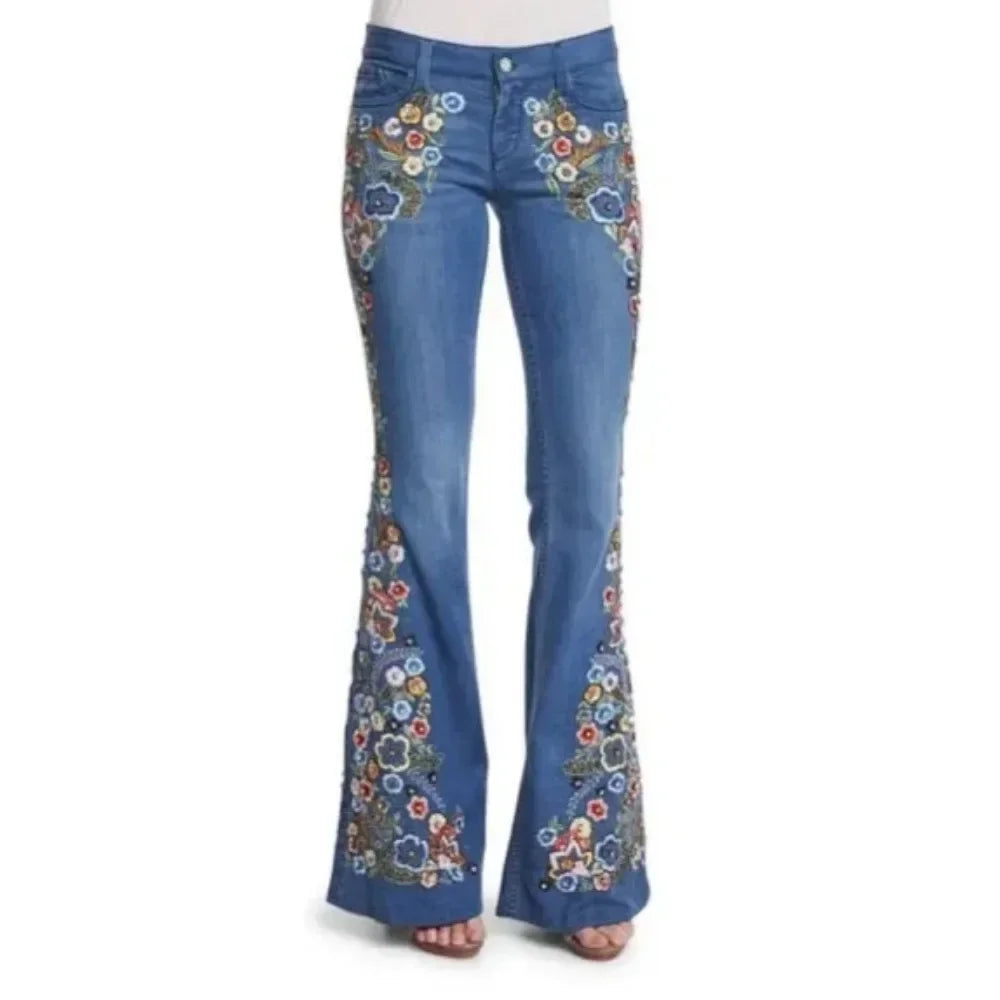 TAMBREET Embroidered Slim Fit Flared Pants European and American Women's Jeans Fashionable and Trendy Embroidered Pants