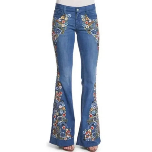 TAMBREET Embroidered Slim Fit Flared Pants European and American Women's Jeans Fashionable and Trendy Embroidered Pants