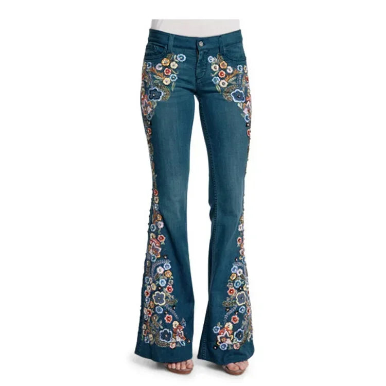 TAMBREET Embroidered Slim Fit Flared Pants European and American Women's Jeans Fashionable and Trendy Embroidered Pants