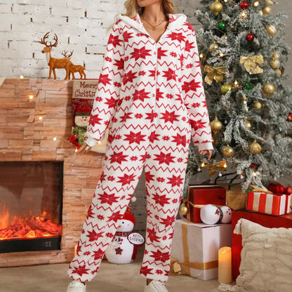 TAMBREET Europe and The United States Autumn and Winter New Loose Long-sleeved Trousers Christmas Printing Plush Hooded Jumpsuits Women