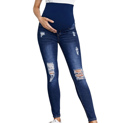 TAMBREET European And American Pregnant Women's Clothing Women's High Waisted Waist Support Denim Leggings Elastic Perforated Jeans