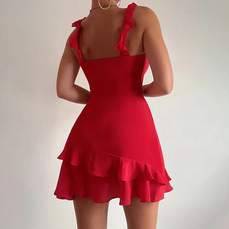 TAMBREET European And American Ruffled Spicy Girl Mini Dress 2024 Summer New Slim Fit Suspender Short Skirt For Women  YJ24191DGO