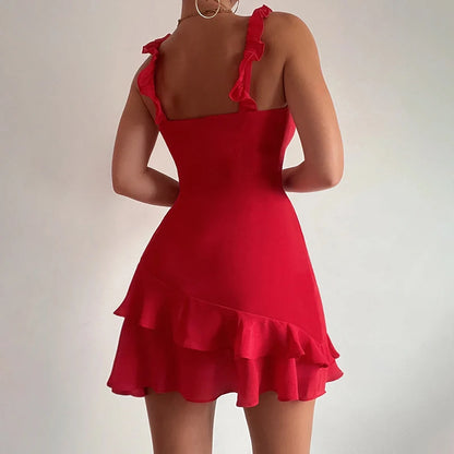 TAMBREET European And American Ruffled Spicy Girl Mini Dress 2024 Summer New Slim Fit Suspender Short Skirt For Women  YJ24191DGO