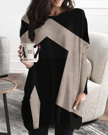 TAMBREET European and American Plus Size Women's Casual Fashion V Neck Long Sleeved Patchwork Dress