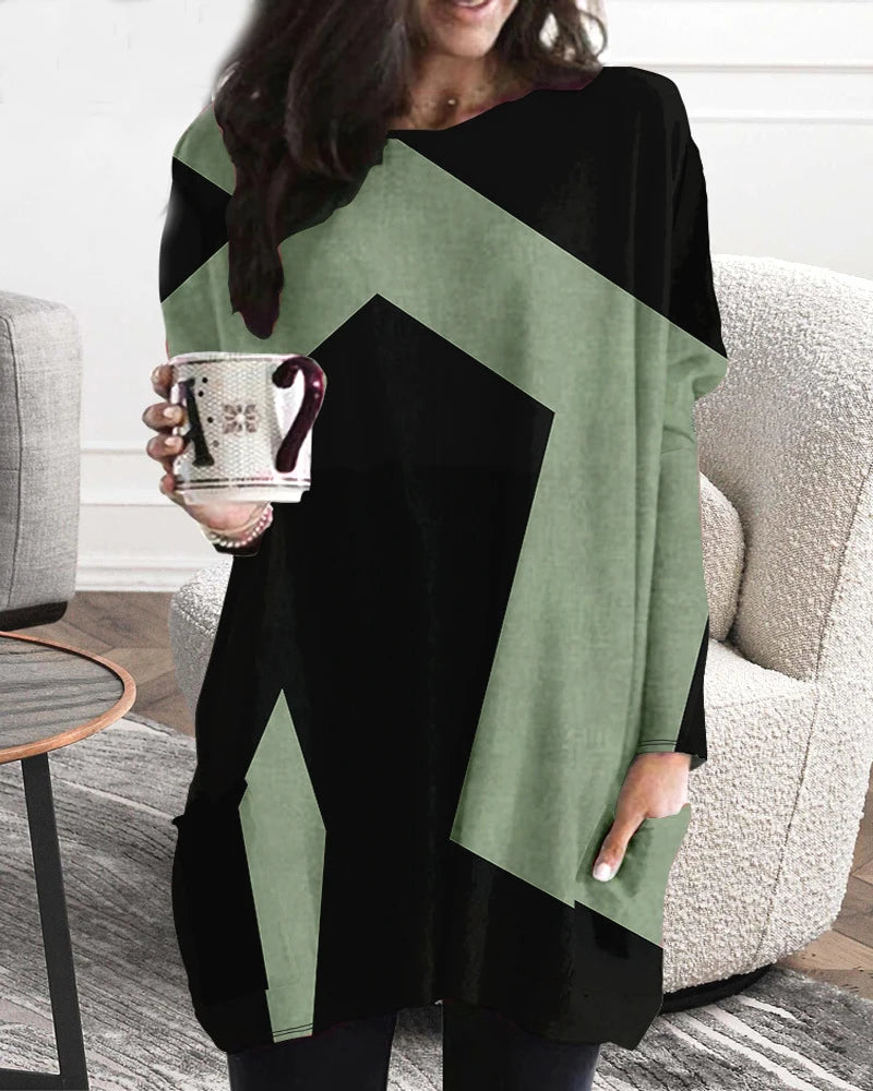 TAMBREET European and American Plus Size Women's Casual Fashion V Neck Long Sleeved Patchwork Dress