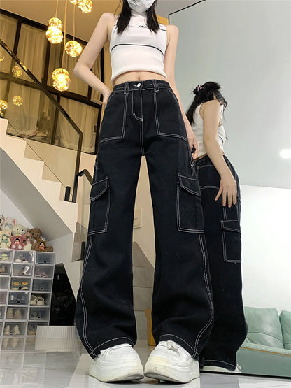 TAMBREET European and American Style Cargo Pants Women Streetwear All-match Jeans for Women Summer New Trendy 2024 Woman Jeans