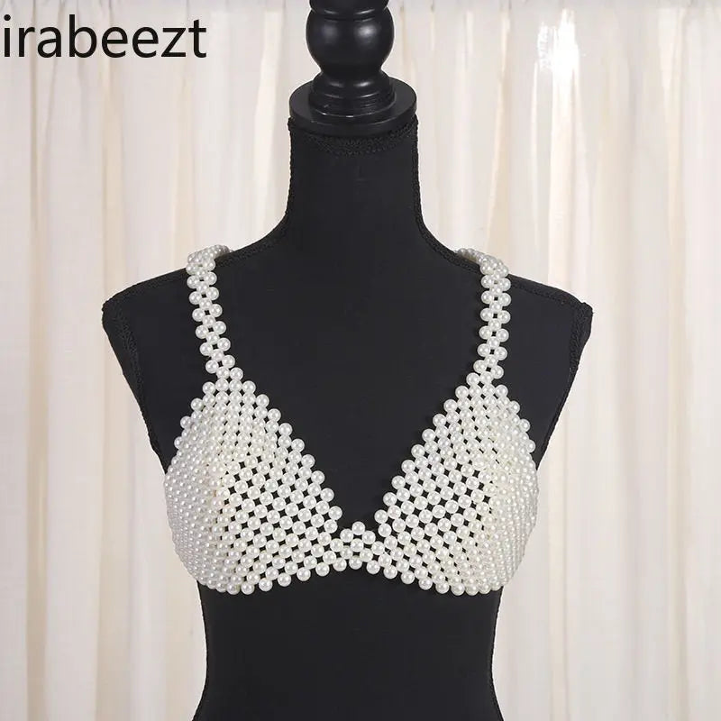 TAMBREET European and American Women's Sexy Beaded Corset Wearing Top French Hand-woven Pearl Halter Vest Female Waistcoat