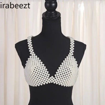 TAMBREET European and American Women's Sexy Beaded Corset Wearing Top French Hand-woven Pearl Halter Vest Female Waistcoat