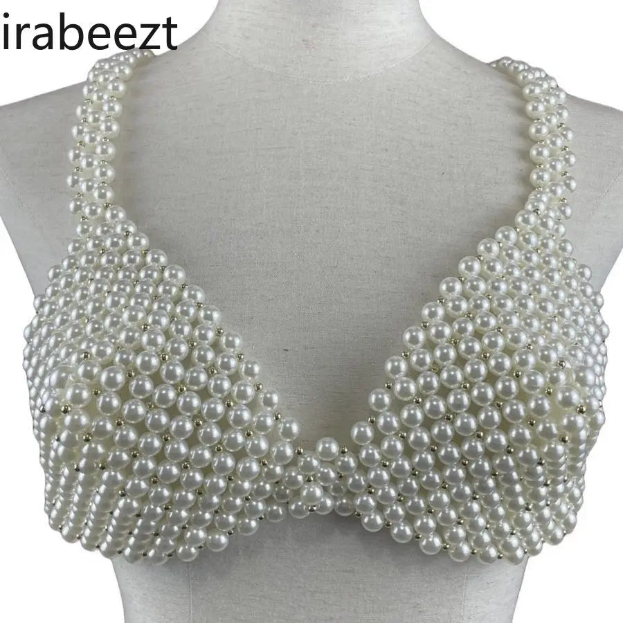 TAMBREET European and American Women's Sexy Beaded Corset Wearing Top French Hand-woven Pearl Halter Vest Female Waistcoat