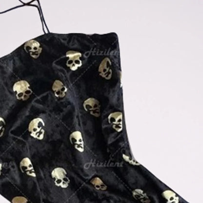 TAMBREET European and American black skull printing traf retro street punk tight top female summer dress A sexy slim mini hot Gothic styl