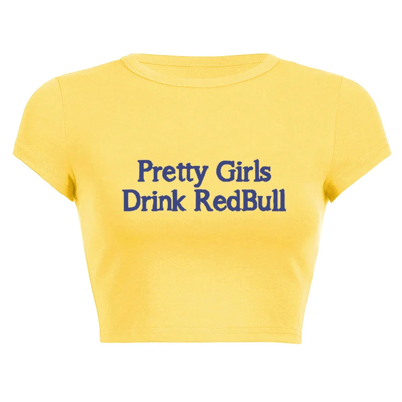 TAMBREET European and American girls drinking Red Bull trendy letter print Y2K pure desire spicy girl ultra short top women's T-shirt