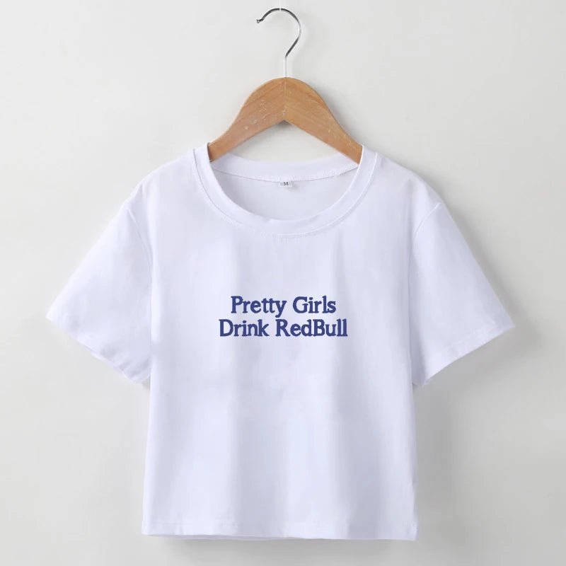 TAMBREET European and American girls drinking Red Bull trendy letter print Y2K pure desire spicy girl ultra short top women's T-shirt