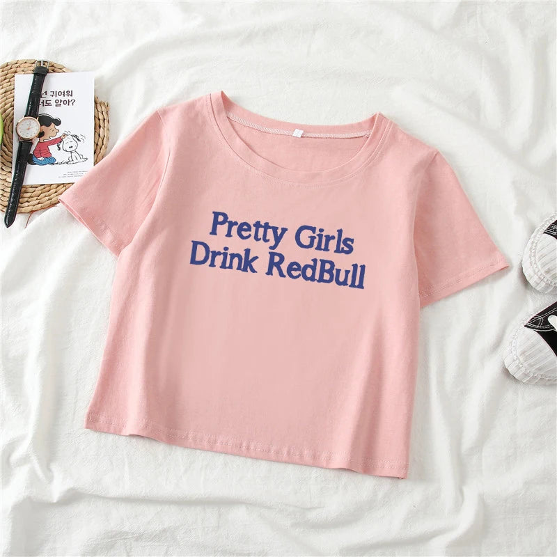 TAMBREET European and American girls drinking Red Bull trendy letter print Y2K pure desire spicy girl ultra short top women's T-shirt