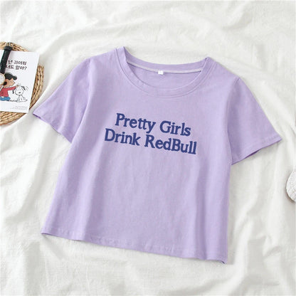 TAMBREET European and American girls drinking Red Bull trendy letter print Y2K pure desire spicy girl ultra short top women's T-shirt