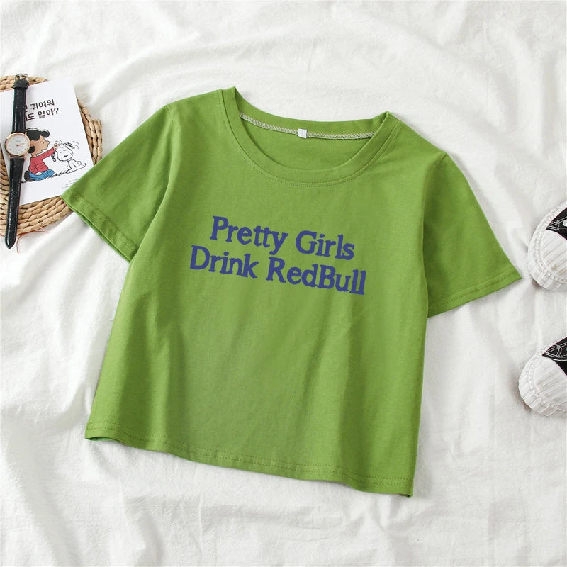 TAMBREET European and American girls drinking Red Bull trendy letter print Y2K pure desire spicy girl ultra short top women's T-shirt