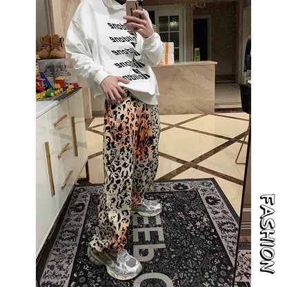 TAMBREET European and American retro leopard print high street straight leg jeans for men and women loose fitting trend casual pants y2k