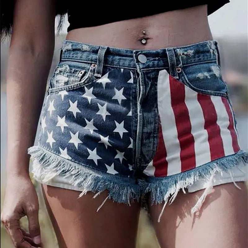 TAMBREET European and American short jeans Y2K retro summer American flag tassel star print denim shorts for women