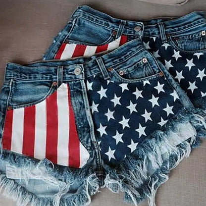 TAMBREET European and American short jeans Y2K retro summer American flag tassel star print denim shorts for women