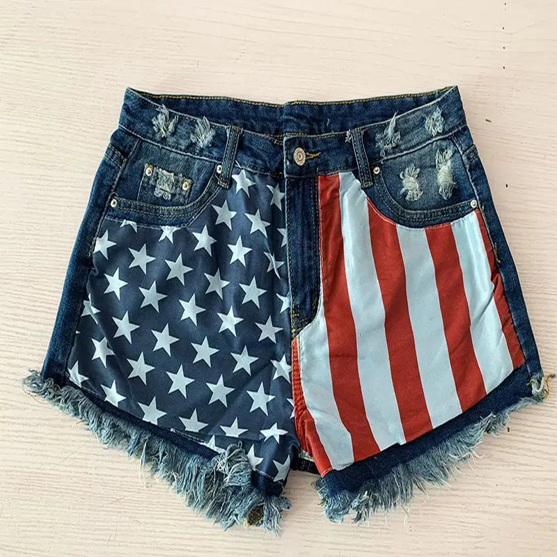 TAMBREET European and American short jeans Y2K retro summer American flag tassel star print denim shorts for women