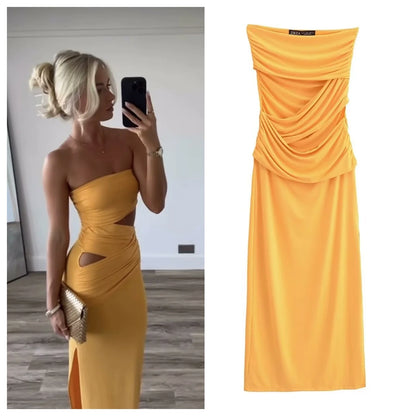 TAMBREET European and American style design one-shoulder tube top slim slit dress female summer French hot girl party hip long skirt