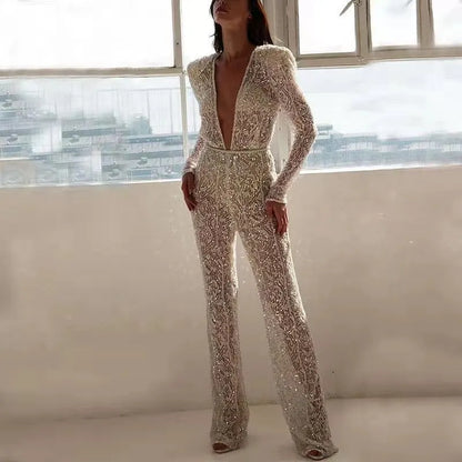 TAMBREET European and American women's sexy fashion sexy embroidery lace flash perspective jumpsuit women