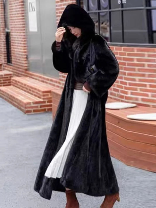 TAMBREET Extended Faux Fur Coat For Women To Look Thin And Imitate Mink Fur Coats Black Hooded Warm Comfortable 2024 Winter Wholesale